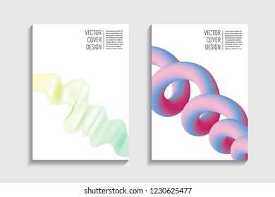 Modern covers with gradient wavy line shapes. Futuristic minimal design with a multi-colored bionic background. A4 format. Eps10 vector. For poster, layout, placard, grunge paper, card, book.