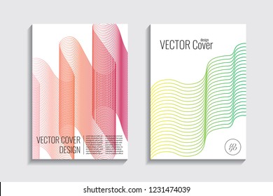 Modern covers with gradient wavy line shapes. Futuristic minimal design with a multi-colored bionic background. A4 format. Eps10 vector. For poster, layout, placard, grunge paper, card, book.