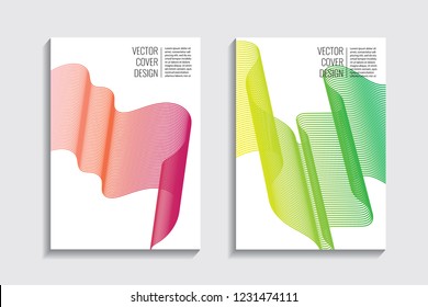 Modern covers with gradient wavy line shapes. Futuristic minimal design with a multi-colored bionic background. A4 format. Eps10 vector. For poster, layout, placard, grunge paper, card, book.