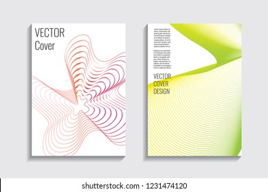 Modern covers with gradient wavy line shapes. Futuristic minimal design with a multi-colored bionic background. A4 format. Eps10 vector. For poster, layout, placard, grunge paper, card, book.