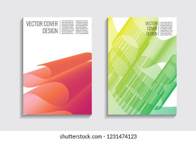 Modern covers with gradient wavy line shapes. Futuristic minimal design with a multi-colored bionic background. A4 format. Eps10 vector. For poster, layout, placard, grunge paper, card, book.