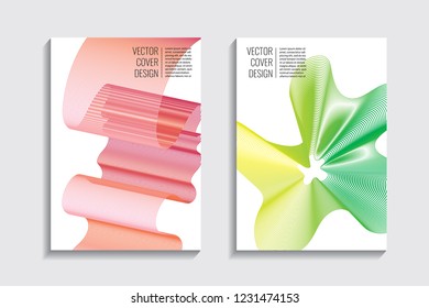 Modern covers with gradient wavy line shapes. Futuristic minimal design with a multi-colored bionic background. A4 format. Eps10 vector. For poster, layout, placard, grunge paper, card, book.