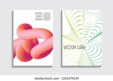 Modern covers with gradient wavy line shapes. Futuristic minimal design with a multi-colored bionic background. A4 format. Eps10 vector. For poster, layout, placard, grunge paper, card, book.