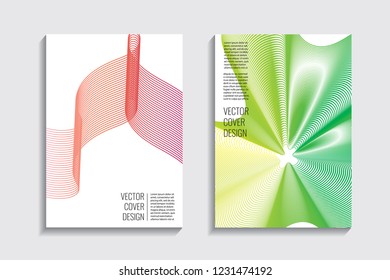 Modern covers with gradient wavy line shapes. Futuristic minimal design with a multi-colored bionic background. A4 format. Eps10 vector. For poster, layout, placard, grunge paper, card, book.