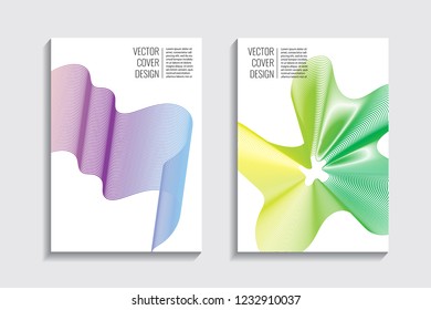 Modern covers with gradient wavy line shapes. Futuristic minimal design with a multi-colored bionic background. A4 format. Eps10 vector. For poster, layout, placard, grunge paper, card, book.