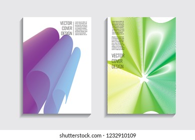 Modern covers with gradient wavy line shapes. Futuristic minimal design with a multi-colored bionic background. A4 format. Eps10 vector. For poster, layout, placard, grunge paper, card, book.