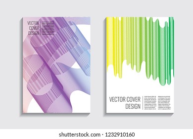 Modern covers with gradient wavy line shapes. Futuristic minimal design with a multi-colored bionic background. A4 format. Eps10 vector. For poster, layout, placard, grunge paper, card, book.