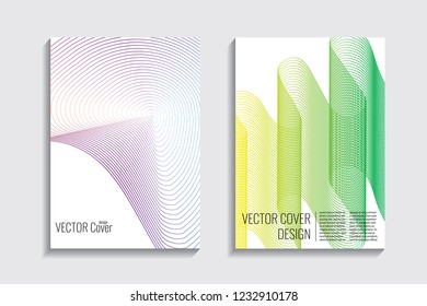 Modern covers with gradient wavy line shapes. Futuristic minimal design with a multi-colored bionic background. A4 format. Eps10 vector. For poster, layout, placard, grunge paper, card, book.
