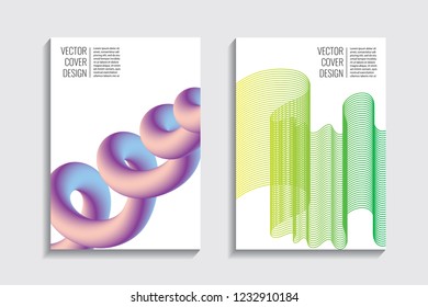 Modern covers with gradient wavy line shapes. Futuristic minimal design with a multi-colored bionic background. A4 format. Eps10 vector. For poster, layout, placard, grunge paper, card, book.