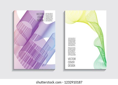 Modern covers with gradient wavy line shapes. Futuristic minimal design with a multi-colored bionic background. A4 format. Eps10 vector. For poster, layout, placard, grunge paper, card, book.