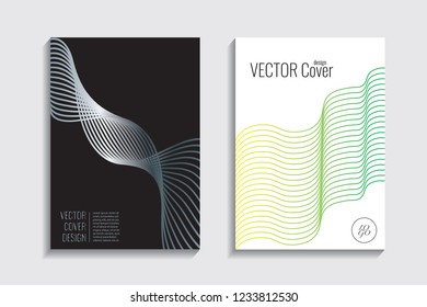 Modern covers with gradient wavy line shapes. Futuristic minimal design with a multi-colored bionic background. A4 format. Eps10 vector. For poster, layout, placard, grunge paper, card, book.