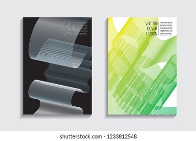 Modern covers with gradient wavy line shapes. Futuristic minimal design with a multi-colored bionic background. A4 format. Eps10 vector. For poster, layout, placard, grunge paper, card, book.