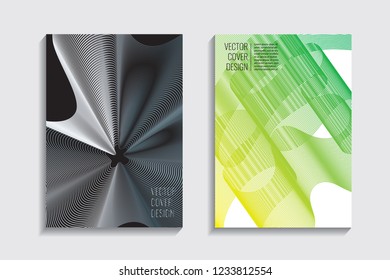 Modern covers with gradient wavy line shapes. Futuristic minimal design with a multi-colored bionic background. A4 format. Eps10 vector. For poster, layout, placard, grunge paper, card, book.