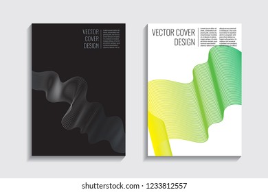 Modern covers with gradient wavy line shapes. Futuristic minimal design with a multi-colored bionic background. A4 format. Eps10 vector. For poster, layout, placard, grunge paper, card, book.