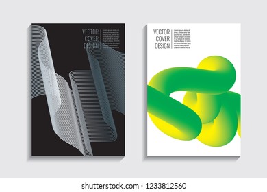 Modern covers with gradient wavy line shapes. Futuristic minimal design with a multi-colored bionic background. A4 format. Eps10 vector. For poster, layout, placard, grunge paper, card, book.