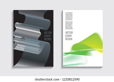 Modern covers with gradient wavy line shapes. Futuristic minimal design with a multi-colored bionic background. A4 format. Eps10 vector. For poster, layout, placard, grunge paper, card, book.