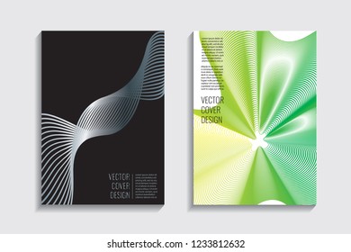 Modern covers with gradient wavy line shapes. Futuristic minimal design with a multi-colored bionic background. A4 format. Eps10 vector. For poster, layout, placard, grunge paper, card, book.