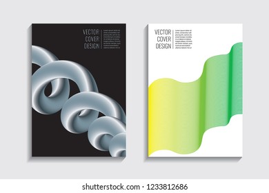 Modern covers with gradient wavy line shapes. Futuristic minimal design with a multi-colored bionic background. A4 format. Eps10 vector. For poster, layout, placard, grunge paper, card, book.