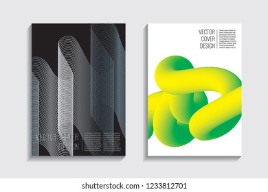 Modern covers with gradient wavy line shapes. Futuristic minimal design with a multi-colored bionic background. A4 format. Eps10 vector. For poster, layout, placard, grunge paper, card, book.