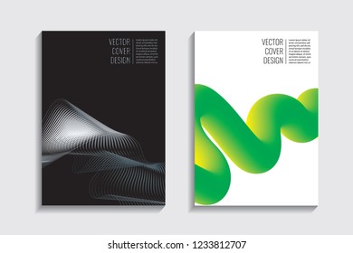 Modern covers with gradient wavy line shapes. Futuristic minimal design with a multi-colored bionic background. A4 format. Eps10 vector. For poster, layout, placard, grunge paper, card, book.