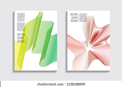 Modern covers with gradient wavy line shapes. Futuristic minimal design with a multi-colored bionic background. A4 format. Eps10 vector. For poster, layout, placard, grunge paper, card, book.