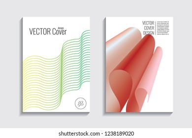 Modern covers with gradient wavy line shapes. Futuristic minimal design with a multi-colored bionic background. A4 format. Eps10 vector. For poster, layout, placard, grunge paper, card, book.