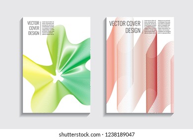Modern covers with gradient wavy line shapes. Futuristic minimal design with a multi-colored bionic background. A4 format. Eps10 vector. For poster, layout, placard, grunge paper, card, book.