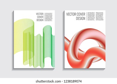 Modern covers with gradient wavy line shapes. Futuristic minimal design with a multi-colored bionic background. A4 format. Eps10 vector. For poster, layout, placard, grunge paper, card, book.