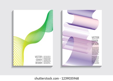 Modern covers with gradient wavy line shapes. Futuristic minimal design with a multi-colored bionic background. A4 format. Eps10 vector. For poster, layout, placard, grunge paper, card, book.