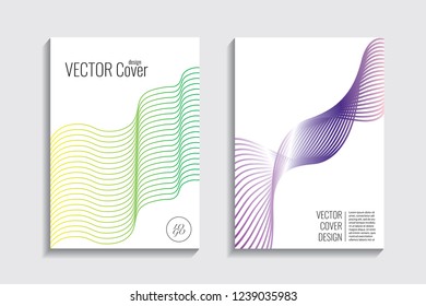 Modern covers with gradient wavy line shapes. Futuristic minimal design with a multi-colored bionic background. A4 format. Eps10 vector. For poster, layout, placard, grunge paper, card, book.