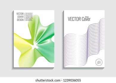 Modern covers with gradient wavy line shapes. Futuristic minimal design with a multi-colored bionic background. A4 format. Eps10 vector. For poster, layout, placard, grunge paper, card, book.