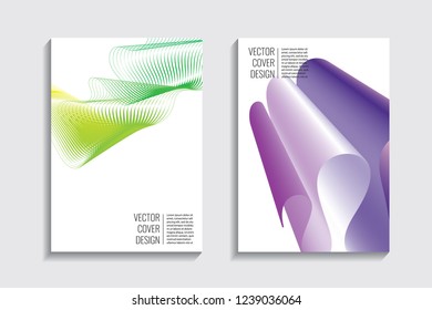 Modern covers with gradient wavy line shapes. Futuristic minimal design with a multi-colored bionic background. A4 format. Eps10 vector. For poster, layout, placard, grunge paper, card, book.