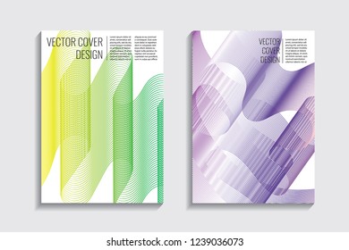 Modern covers with gradient wavy line shapes. Futuristic minimal design with a multi-colored bionic background. A4 format. Eps10 vector. For poster, layout, placard, grunge paper, card, book.