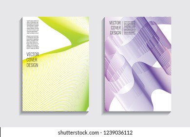 Modern covers with gradient wavy line shapes. Futuristic minimal design with a multi-colored bionic background. A4 format. Eps10 vector. For poster, layout, placard, grunge paper, card, book.