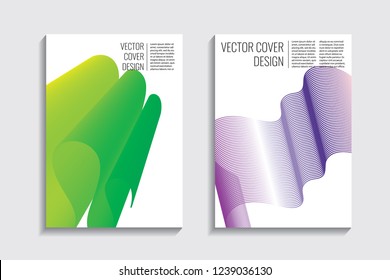 Modern covers with gradient wavy line shapes. Futuristic minimal design with a multi-colored bionic background. A4 format. Eps10 vector. For poster, layout, placard, grunge paper, card, book.