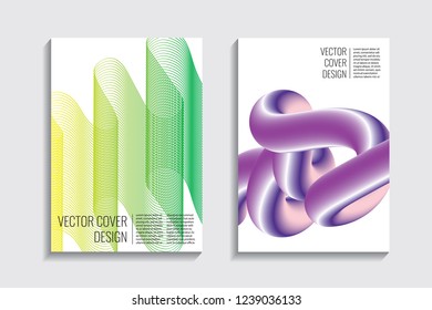 Modern covers with gradient wavy line shapes. Futuristic minimal design with a multi-colored bionic background. A4 format. Eps10 vector. For poster, layout, placard, grunge paper, card, book.
