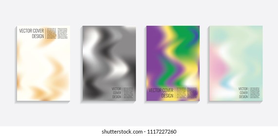 Modern covers with gradient wavy shapes. Futuristic minimal design with a multi-colored bionic background. A4 format. Eps10 vector. For poster, layout, placard, grunge paper, card, book.