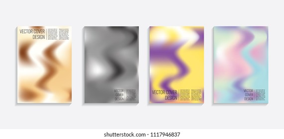 Modern covers with gradient wavy shapes. Futuristic minimal design with a multi-colored bionic background. A4 format. Eps10 vector. For poster, layout, placard, grunge paper, card, book.