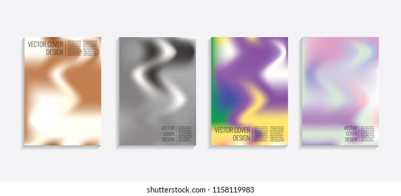 Modern covers with gradient wavy shapes. Futuristic minimal design with a multi-colored bionic background. A4 format. Eps10 vector. For poster, layout, placard, grunge paper, card, book.