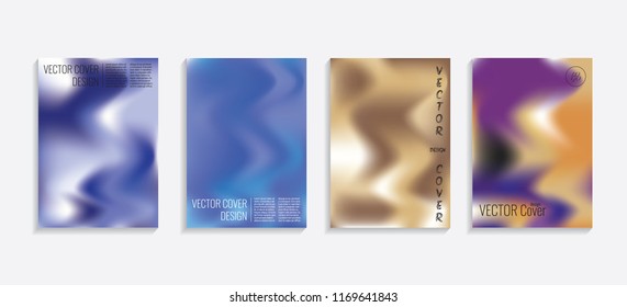 Modern covers with gradient wavy shapes. Futuristic minimal design with a multi-colored bionic background. A4 format. Eps10 vector. For poster, layout, placard, grunge paper, card, book.