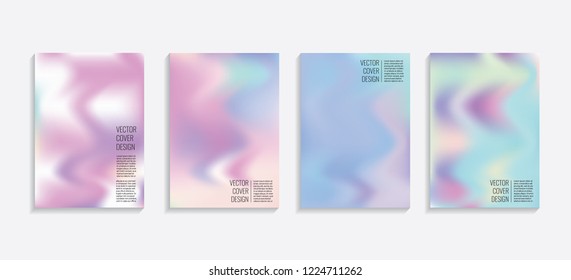 Modern covers with gradient wavy shapes. Futuristic minimal design with a multi-colored bionic background. A4 format. Eps10 vector. For poster, layout, placard, grunge paper, card, book.