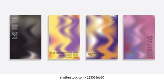 Modern covers with gradient wavy shapes. Futuristic minimal design with a multi-colored bionic background. A4 format. Eps10 vector. For poster, layout, placard, grunge paper, card, book.