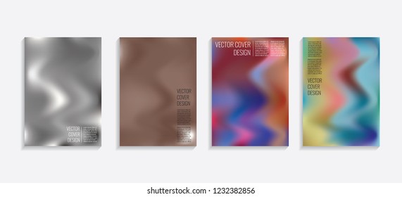Modern covers with gradient wavy shapes. Futuristic minimal design with a multi-colored bionic background. A4 format. Eps10 vector. For poster, layout, placard, grunge paper, card, book.