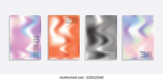 Modern covers with gradient wavy shapes. Futuristic minimal design with a multi-colored bionic background. A4 format. Eps10 vector. For poster, layout, placard, grunge paper, card, book.