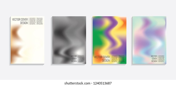 Modern covers with gradient wavy shapes. Futuristic minimal design with a multi-colored bionic background. A4 format. Eps10 vector. For poster, layout, placard, grunge paper, card, book.
