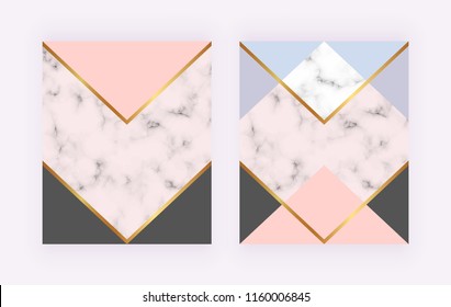 Modern covers with marble, geometric design, golden lines, pink, blue triangular shaped. Background for invitation, placard, birthday, brochure, banner, cover, layout, card, flyer.
