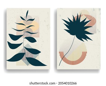 Modern covers with minimalist design elements . Botanical art. Backgrounds in Boho style  . Wall art , home deco . Contemporary posters with leaves and geometric shapes .Vector abstract covers.
