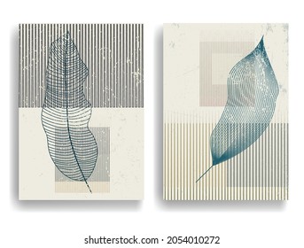 Modern covers with minimalist design elements . Botanical art. Backgrounds in Boho style  . Wall art , home deco . Contemporary posters with leaves and geometric shapes .Vector abstract covers.