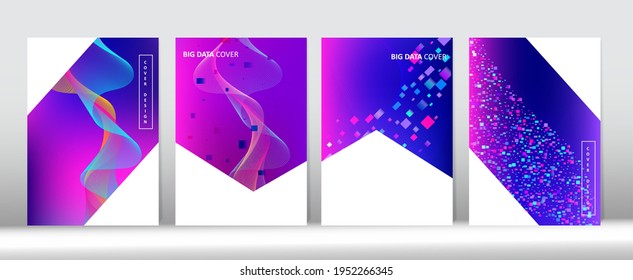 Modern Covers Set. Big Data Neon Tech Wallpaper. Pink Purple Blue Digital Vector Cover Design. Colorful Computing Music Background 3D Flow Shapes Music Cover Layout. Geometric Gradient Overlay.