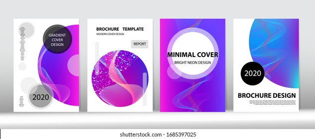 Modern Covers Set. Geometric Gradient Overlay. Blue Pink Purple Cyber Vector Cover Design. Abstract Computing Music Magazine Big Data Tech Neon Background. 3D Flow Shapes Minimal Cover Template.